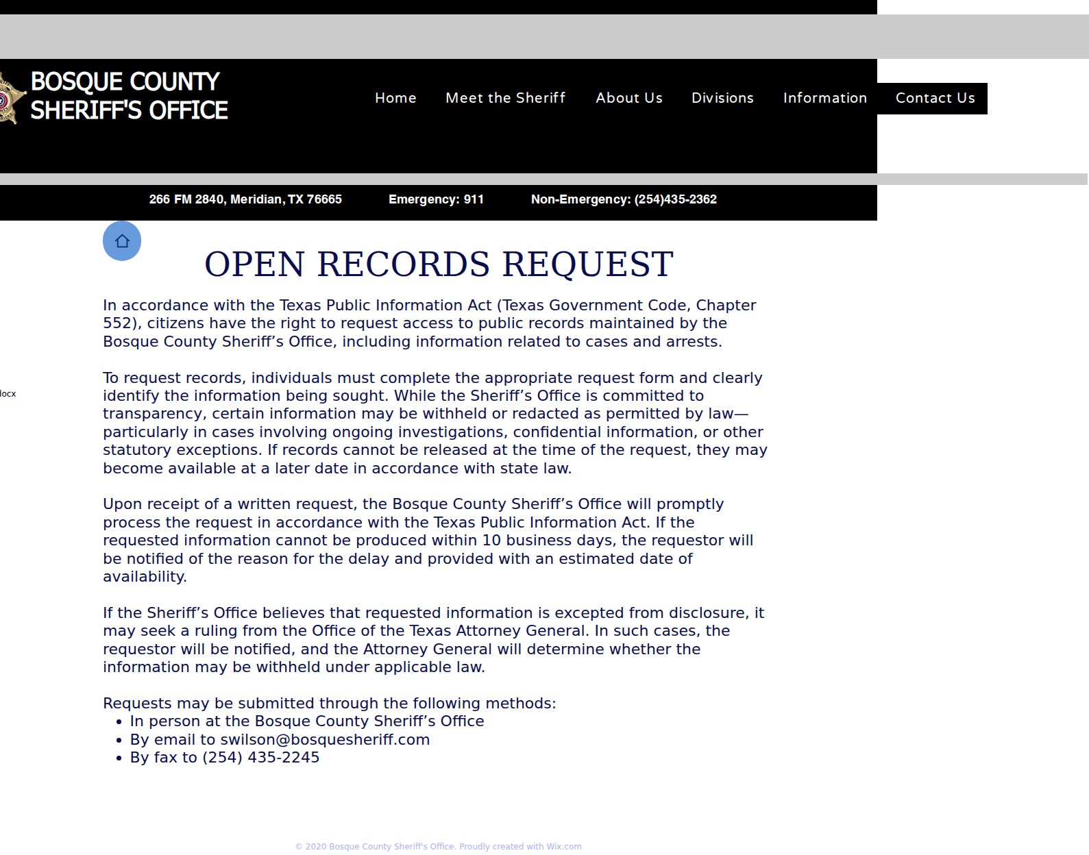 Bosque County arrest history sheriff records request page