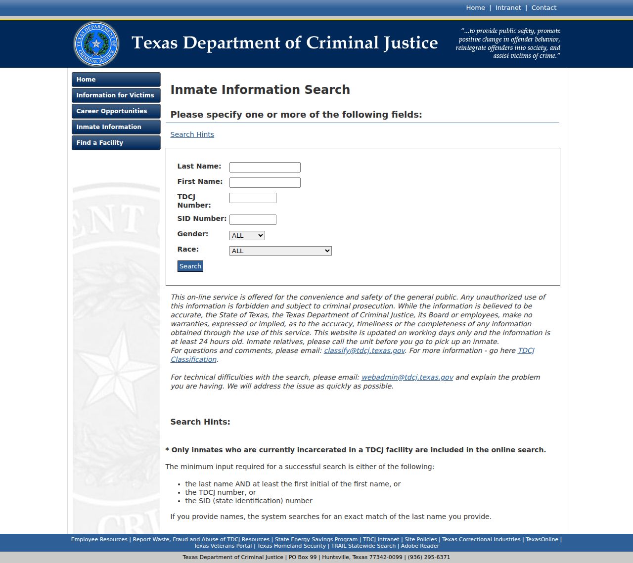 Bosque County arrest history TDCJ inmate information search