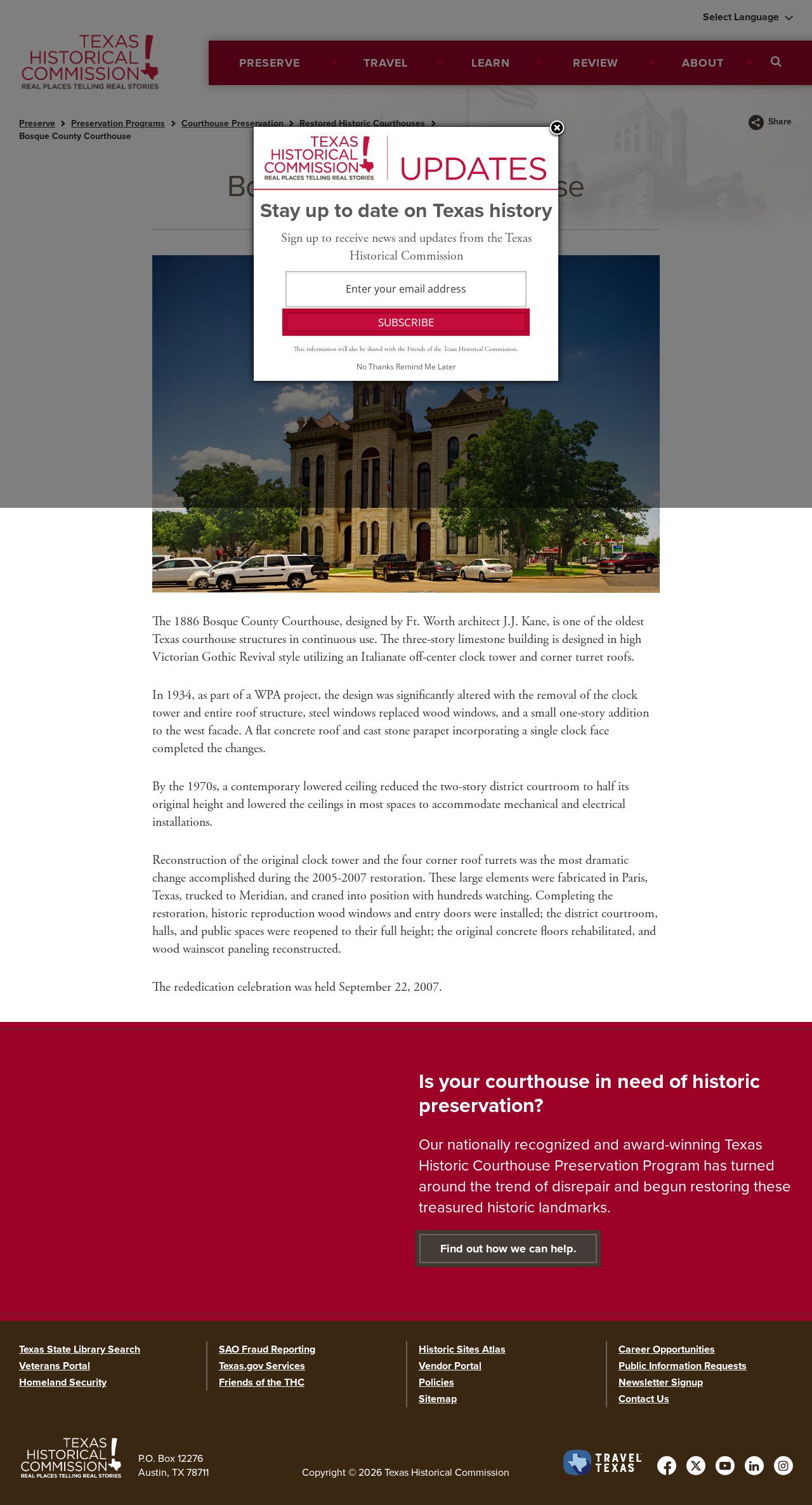 Restored historic Bosque County Courthouse in Meridian