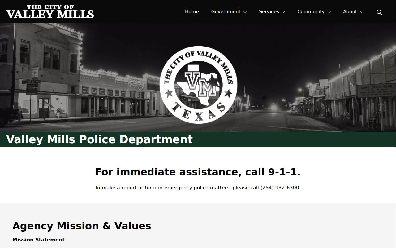 Valley Mills Police Department record contact in Bosque County