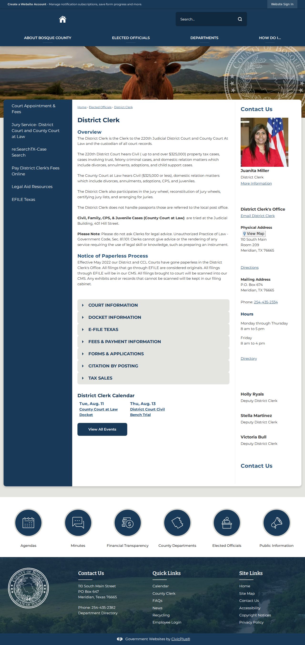 Bosque County criminal court case records and District Clerk contacts