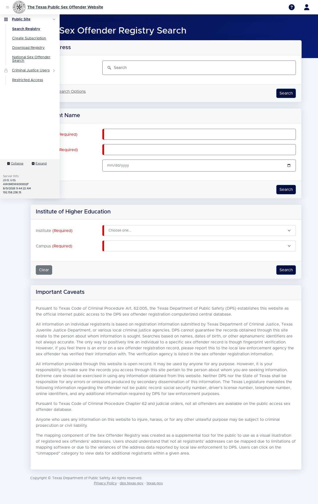 Bosque County sex offender registry public profile fields